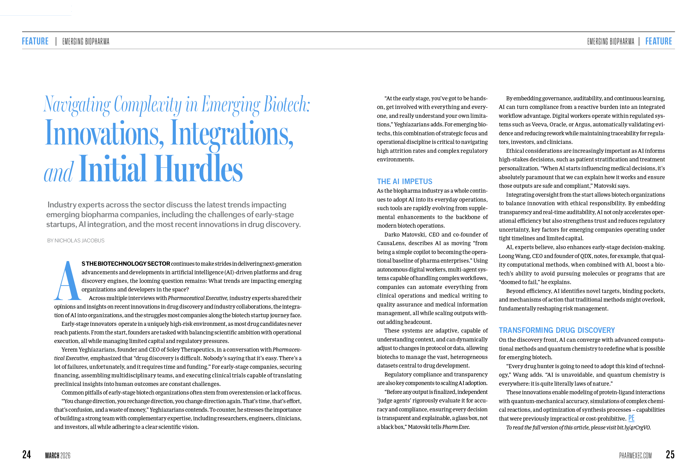 A page from a magazine with a title of “Navigating Complexity in Emerging Biotech: Innovations, Integrations, and Initial Hurdles." AI generated content