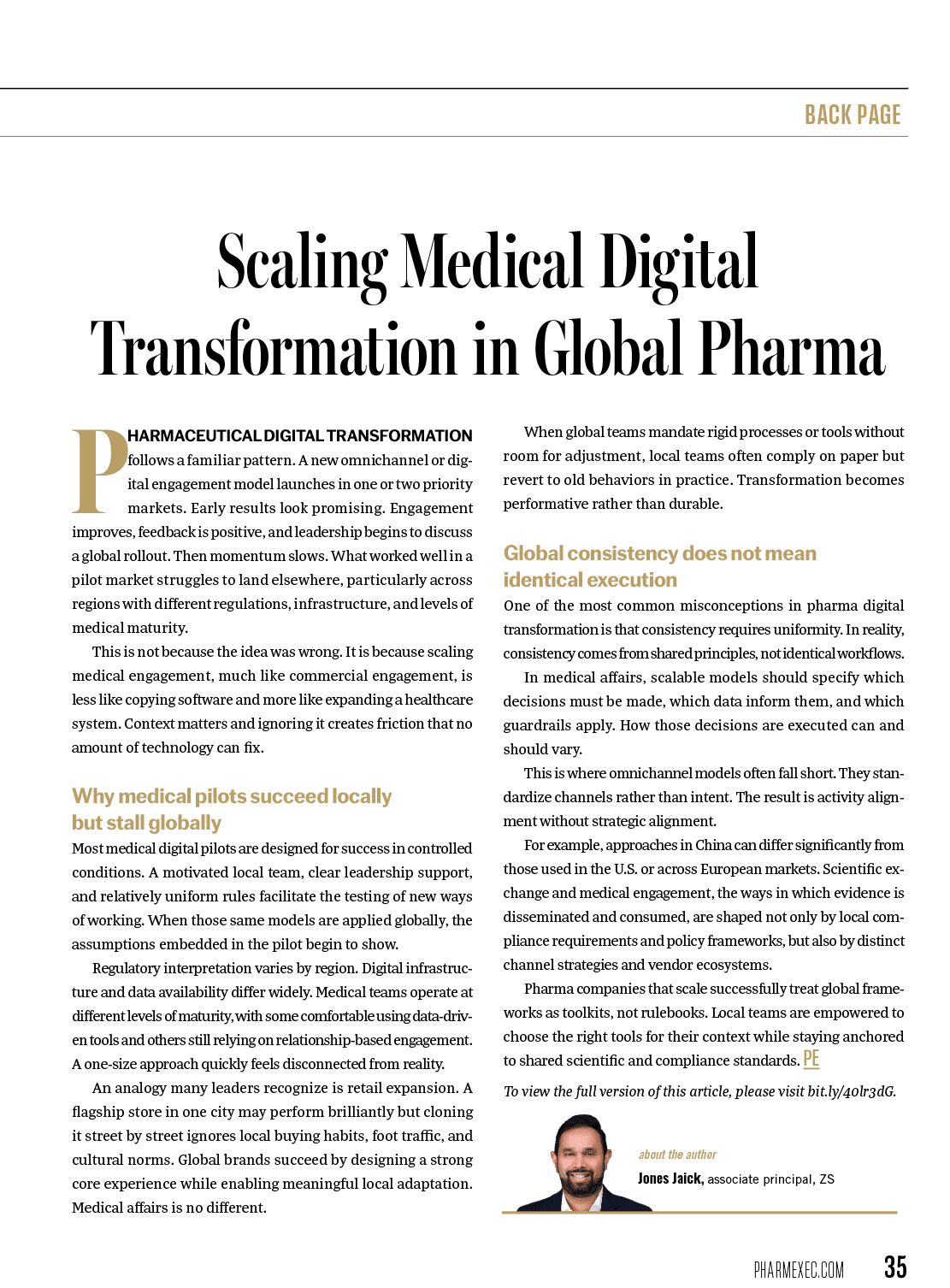 A man is pictured on the cover of a magazine, which is titled “Sealing Medical Digital Transformation in Global Pharma." AI generated content